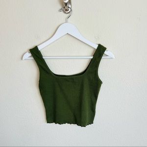 Olive Green Square Neck Lettuce Trim Ribbed Crop Tank Top